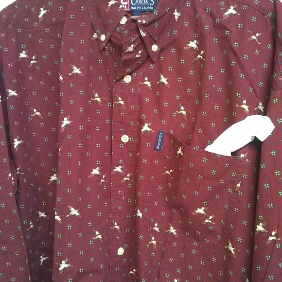 Ralph Lauren Chaps Mens Shirt Burgundy Wild Ducks Button Up Long Sleeved Sz L/50 - Picture 5 of 9